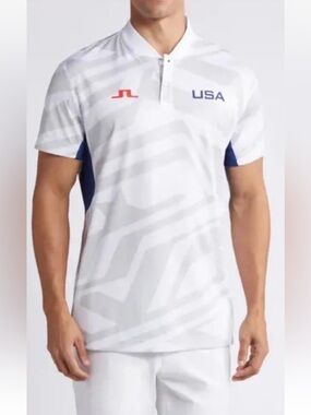 J.Lindeberg White Polo with Navy Accents – USA Emeric Men’s Shirt Sz Large